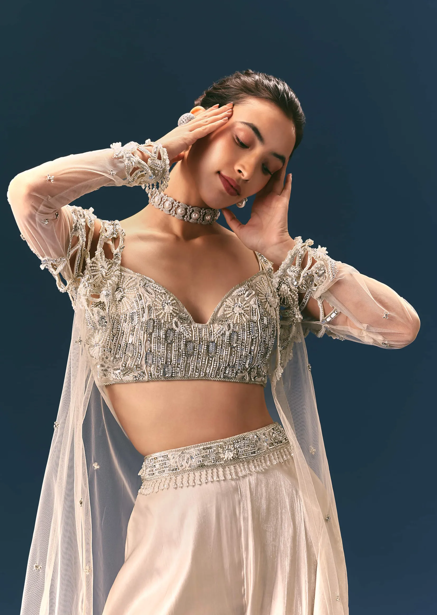 Beige Embroidered Organza Blouse With Circular Palazzo And Cutwork Jacket