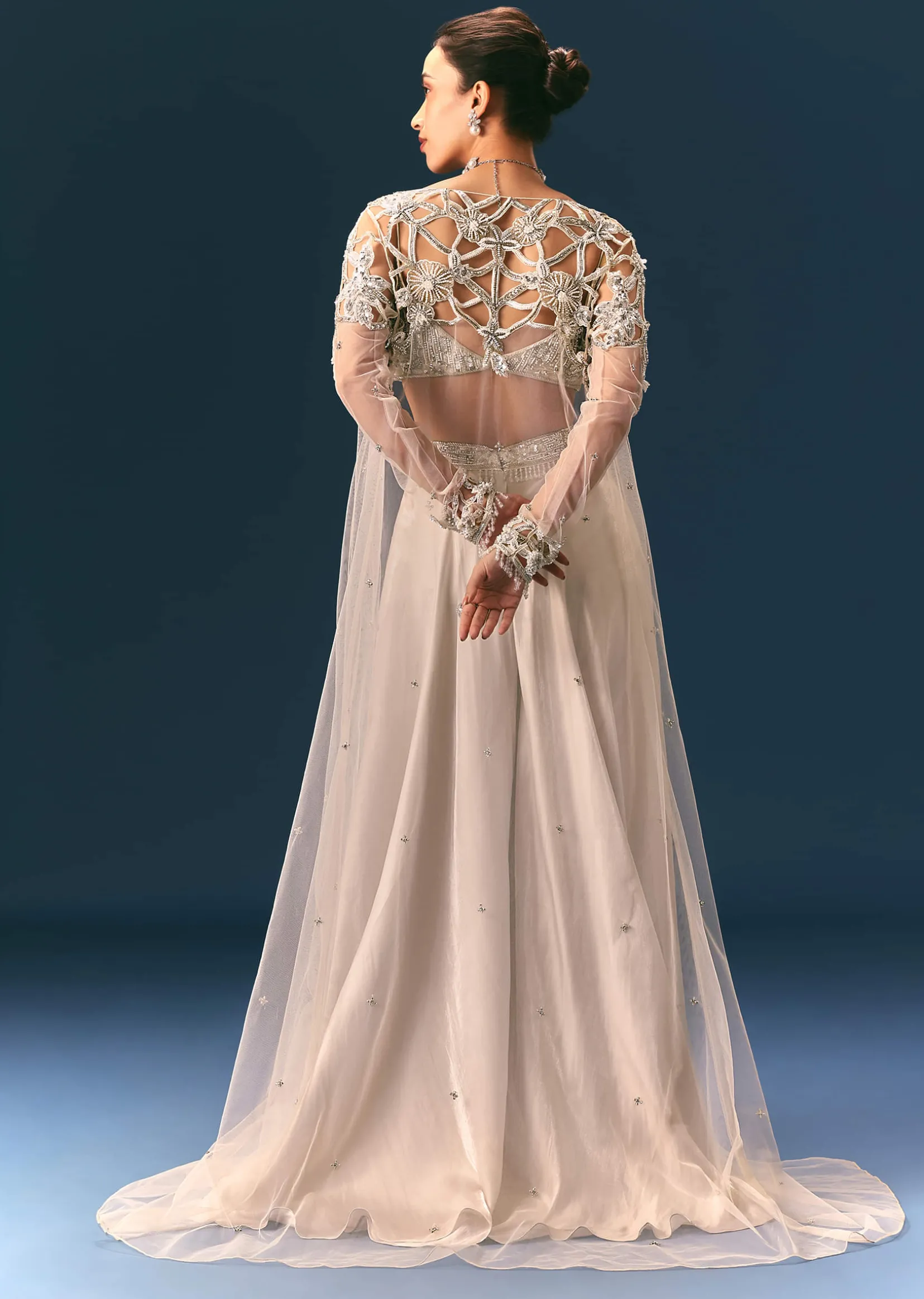 Beige Embroidered Organza Blouse With Circular Palazzo And Cutwork Jacket