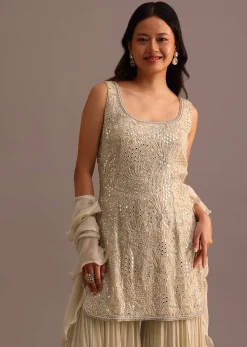 Beige Embroidered Sharara Set With Dupatta