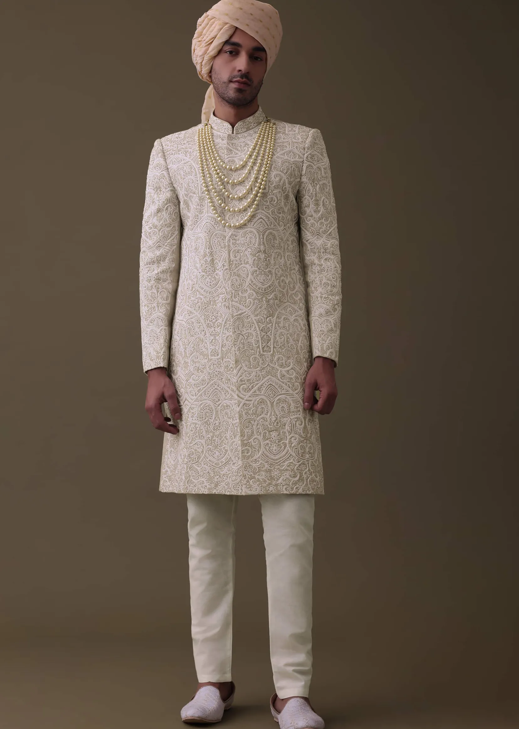 Beige Embroidered Sherwani Set In Linen With Resham And Threadwork