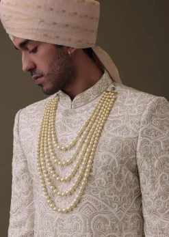 Beige Embroidered Sherwani Set In Linen With Resham And Threadwork
