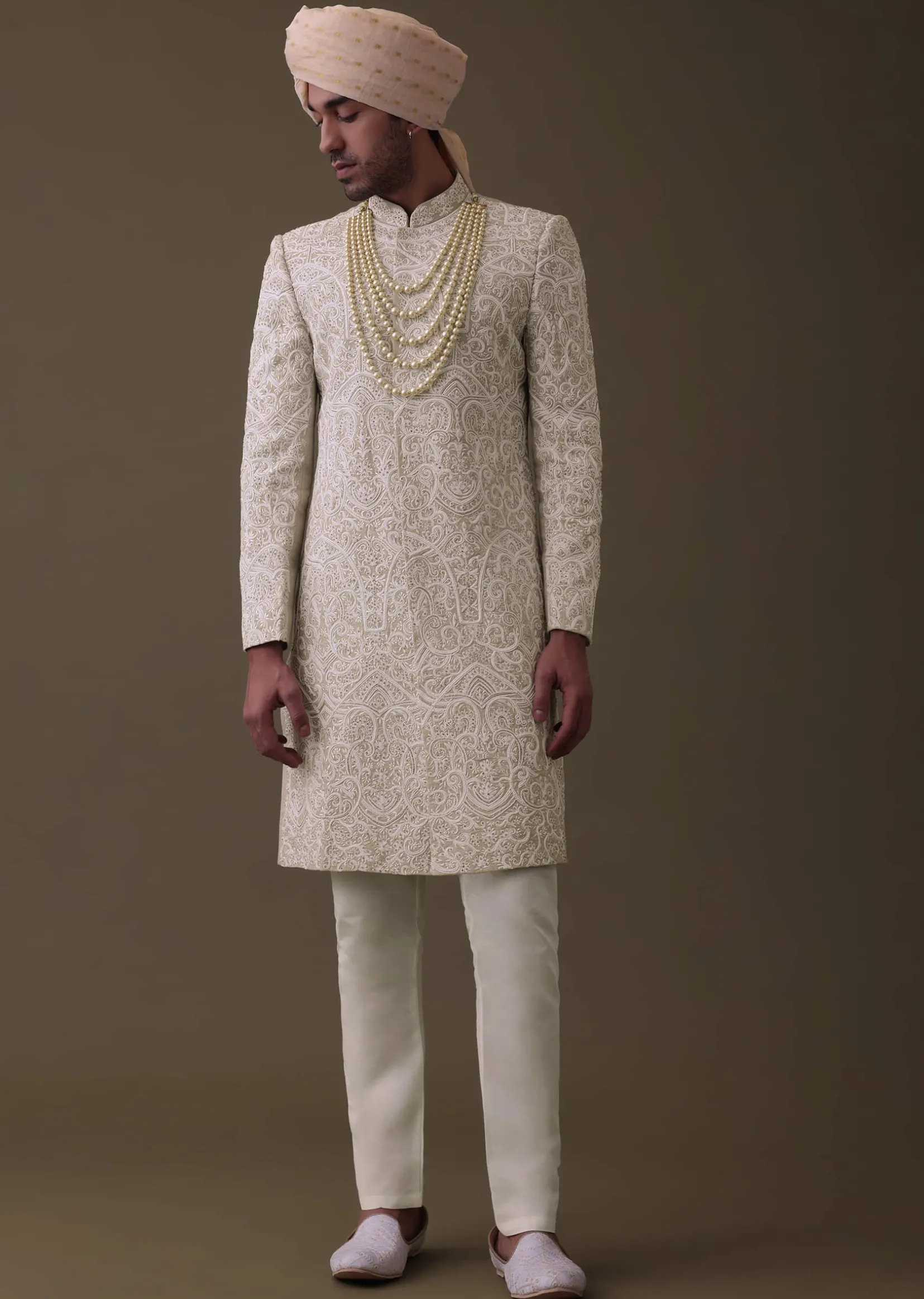 Beige Embroidered Sherwani Set In Linen With Resham And Threadwork