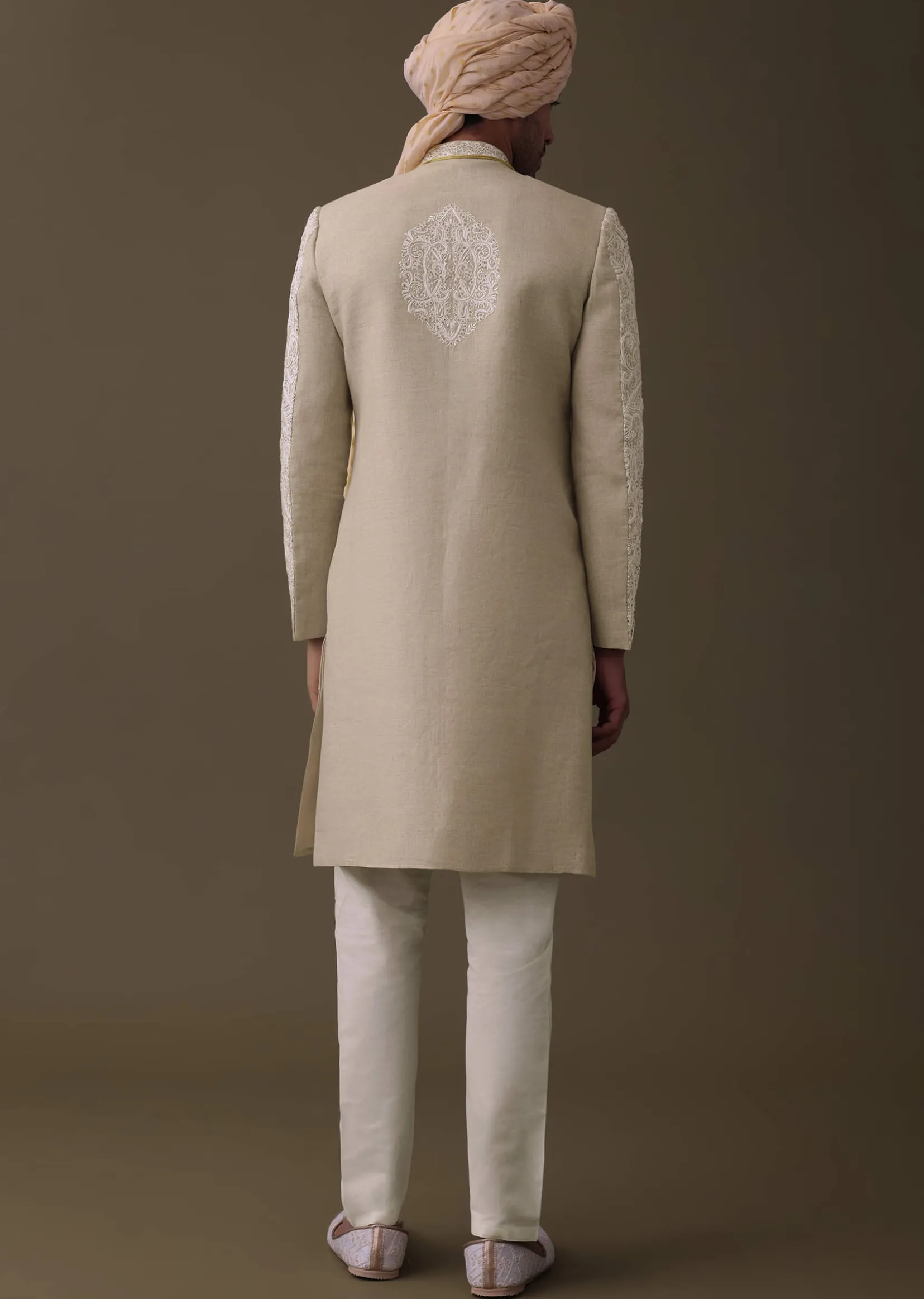 Beige Embroidered Sherwani Set In Linen With Resham And Threadwork