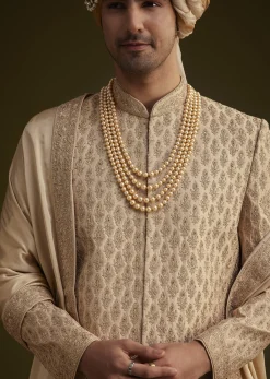 Beige Fawn Silk Sherwani Set With Embellished Dupatta Border