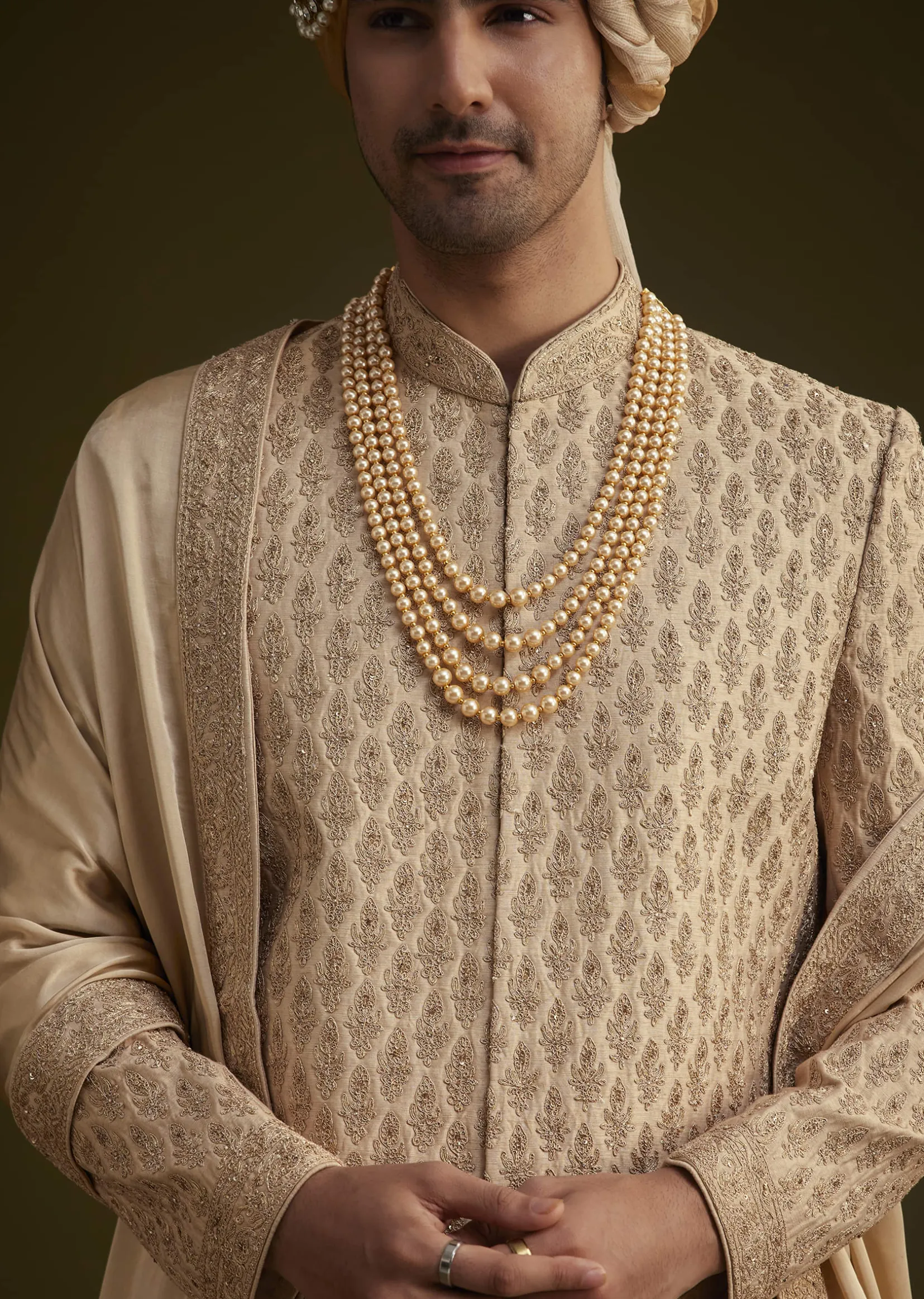 Beige Fawn Silk Sherwani Set With Embellished Dupatta Border