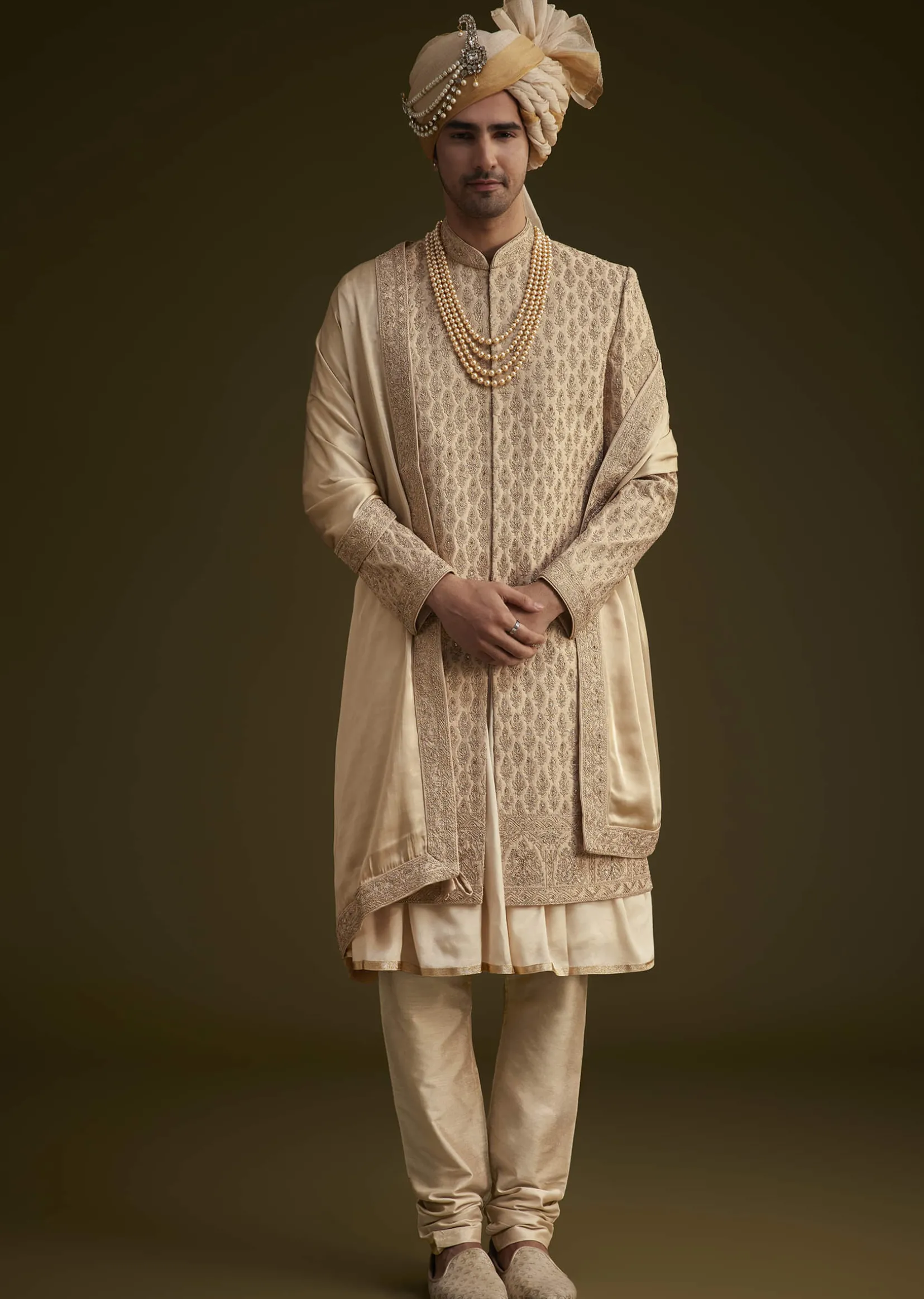 Beige Fawn Silk Sherwani Set With Embellished Dupatta Border