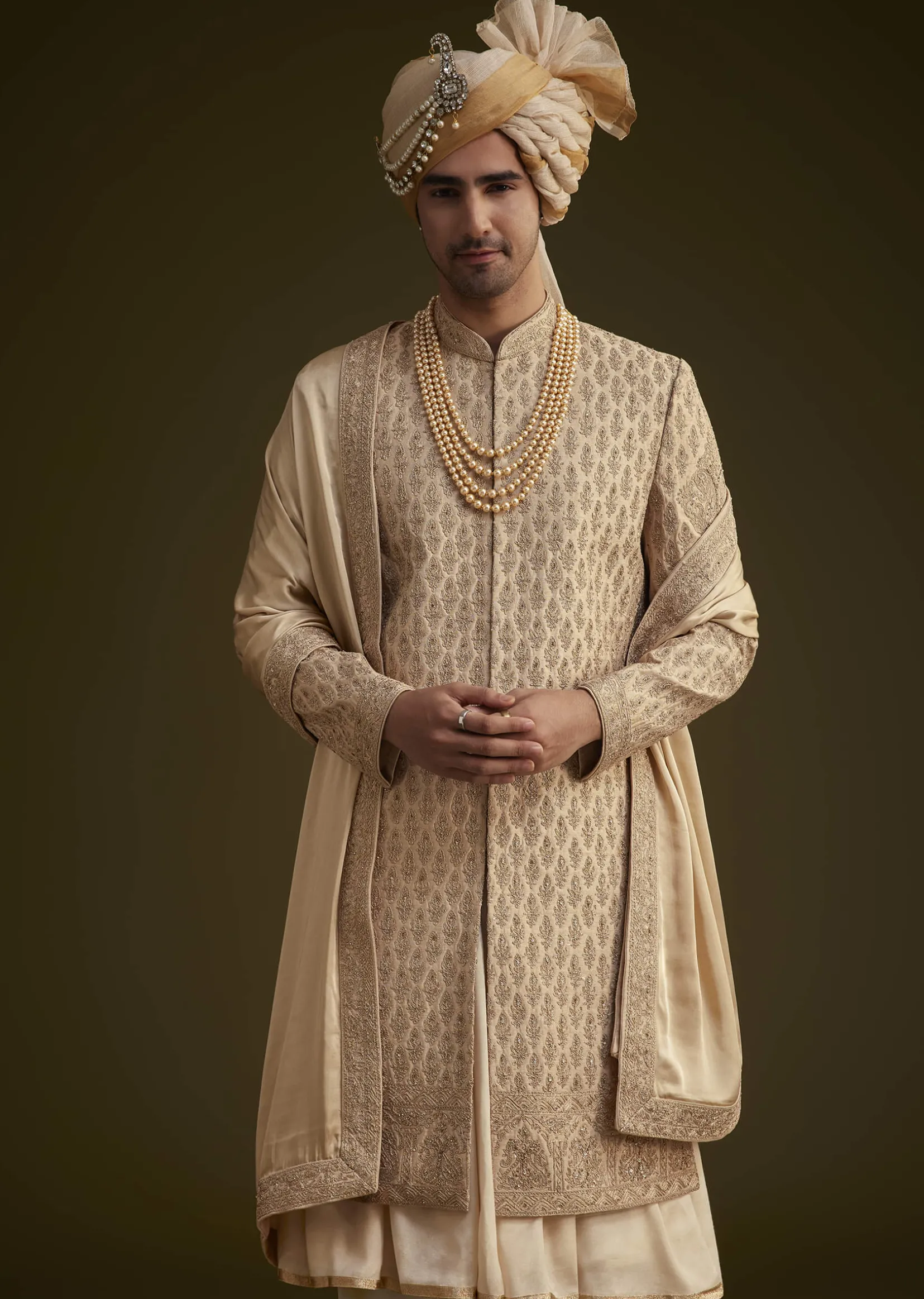 Beige Fawn Silk Sherwani Set With Embellished Dupatta Border