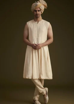 Beige Fawn Silk Sherwani Set With Embellished Dupatta Border