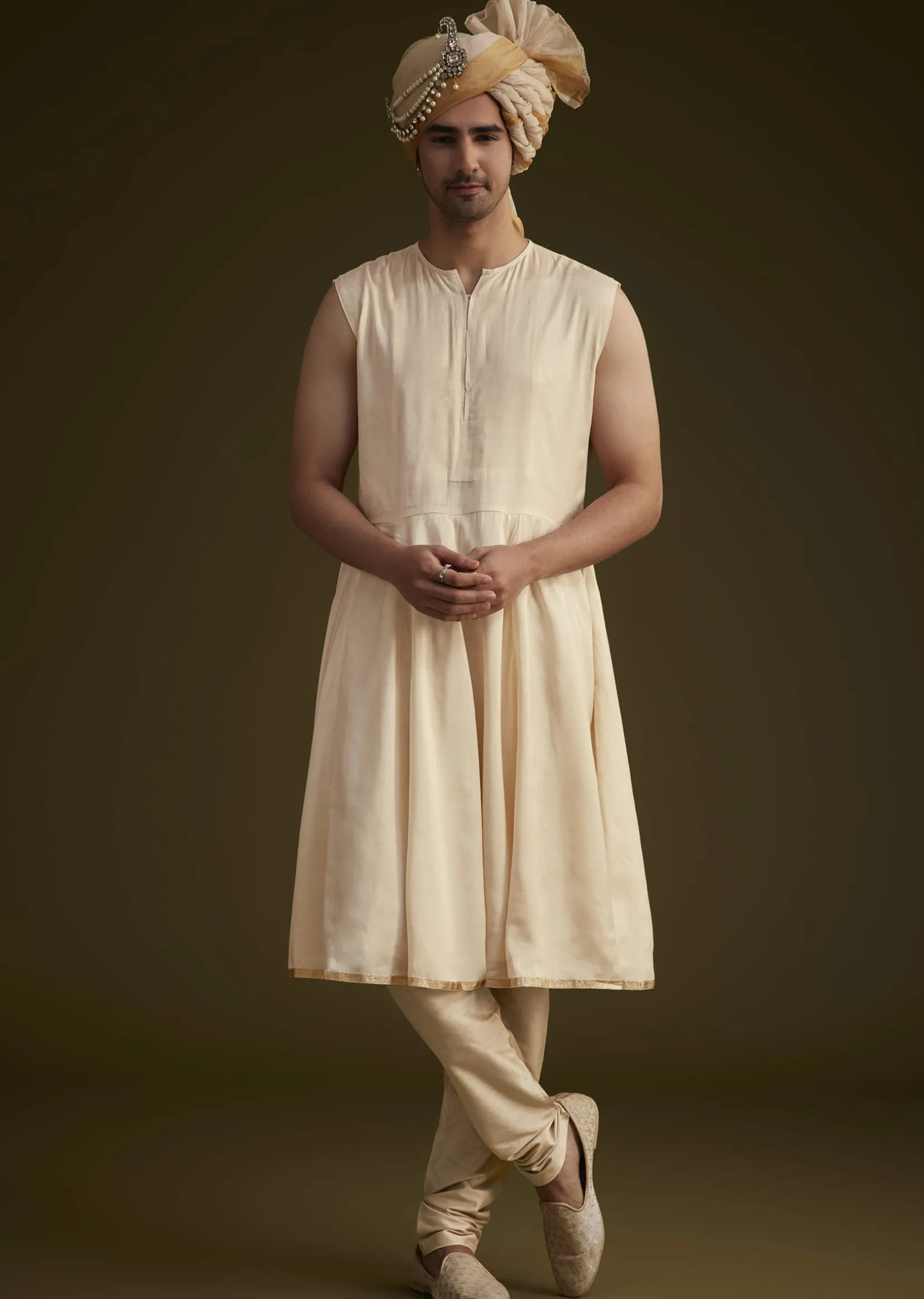 Beige Fawn Silk Sherwani Set With Embellished Dupatta Border
