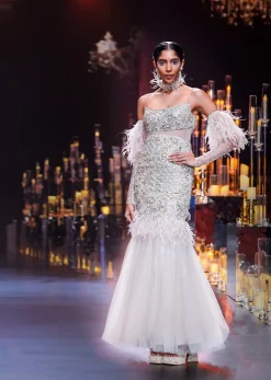Beige Fish-Cut Gown With 3D Feathers And Floral Motif Embroidery