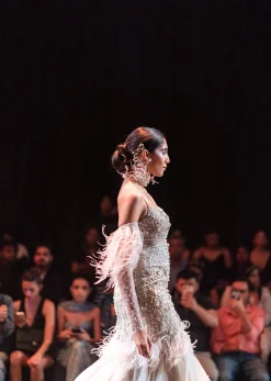 Beige Fish-Cut Gown With 3D Feathers And Floral Motif Embroidery