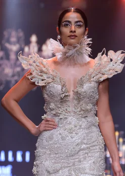 Beige Fish-Cut Gown With 3D Patchwork Detail