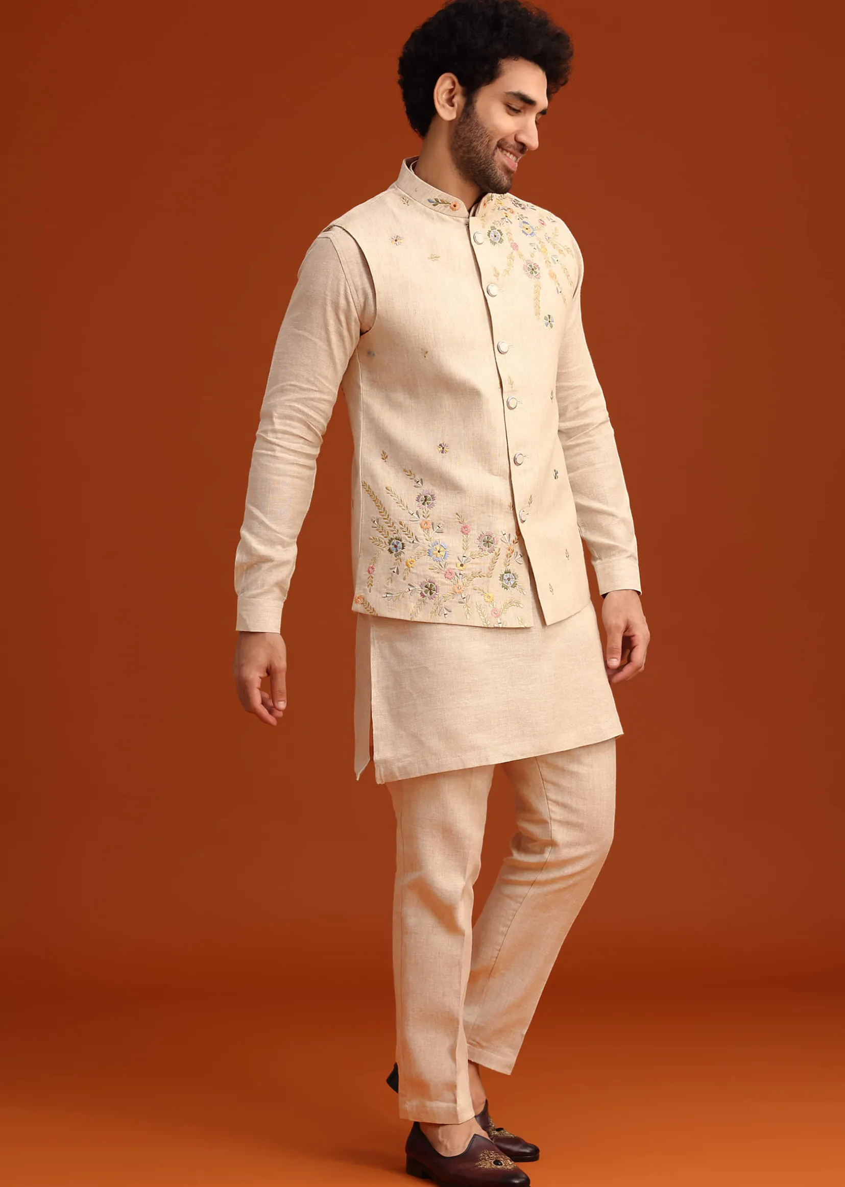 Beige Floral Hand Embroidered Kurta Jacket Set