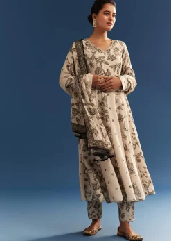 Beige Floral Printed Crepe Anarkali Set With Chinon Dupatta