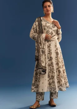 Beige Floral Printed Crepe Anarkali Set With Chinon Dupatta