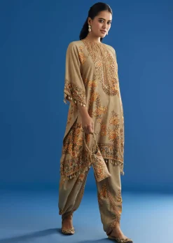 Beige Floral Printed Kaftan Dhoti Set With Shells And Metal Coin Tassels