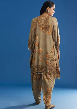 Beige Floral Printed Kaftan Dhoti Set With Shells And Metal Coin Tassels