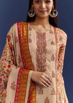 Beige Floral Printed Kurta And Dupatta With Cut Dana And Zardosi Work