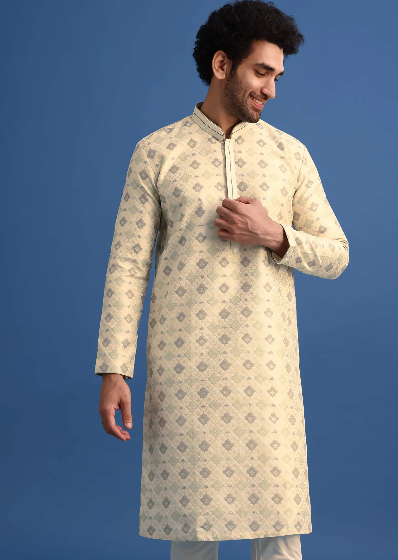 Beige Foil Print Kurta Set