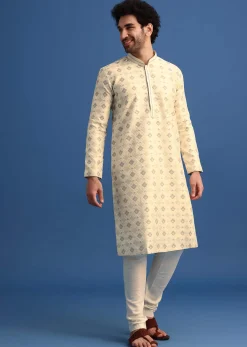 Beige Foil Print Kurta Set