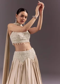 Beige Frill Skirt And Embroidered Blouse Set With Choker Dupatta