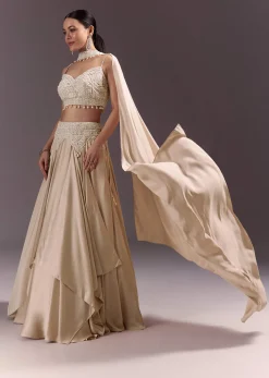 Beige Frill Skirt And Embroidered Blouse Set With Choker Dupatta