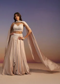Beige Frill Skirt And Embroidered Blouse Set With Choker Dupatta