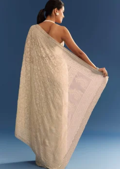Beige Georgette Chikankari Saree With Stone And Cutdana Work
