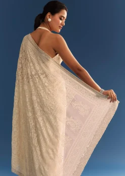 Beige Georgette Chikankari Saree With Stone And Cutdana Work
