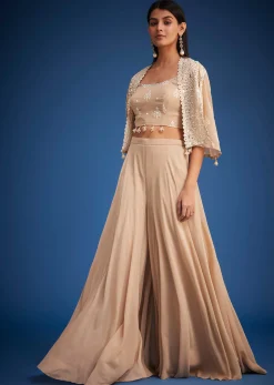 Beige Georgette Embroidered Cape Palazzo Set