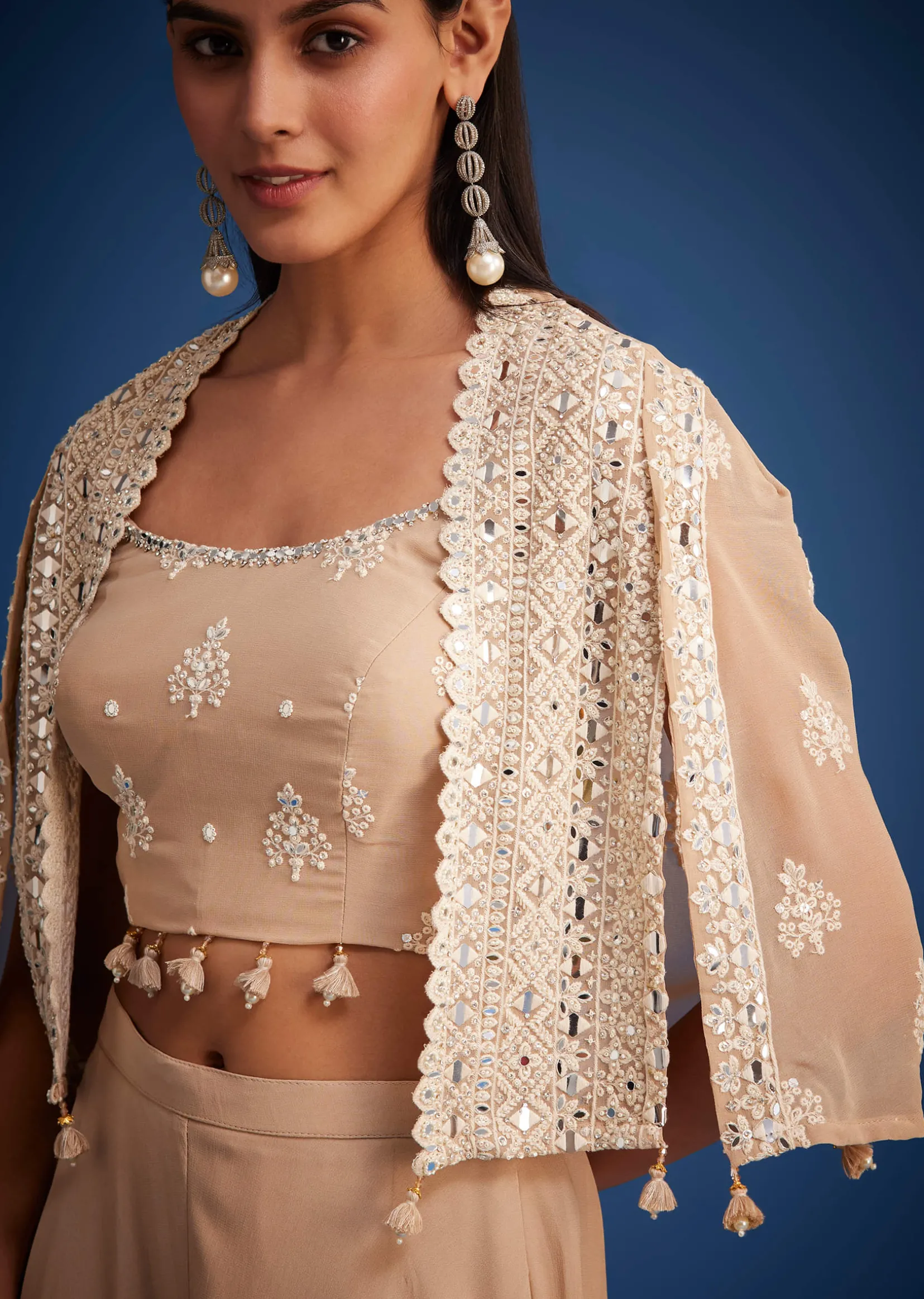 Beige Georgette Embroidered Cape Palazzo Set