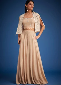 Beige Georgette Embroidered Cape Palazzo Set