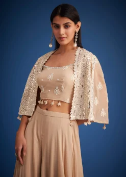Beige Georgette Embroidered Cape Palazzo Set