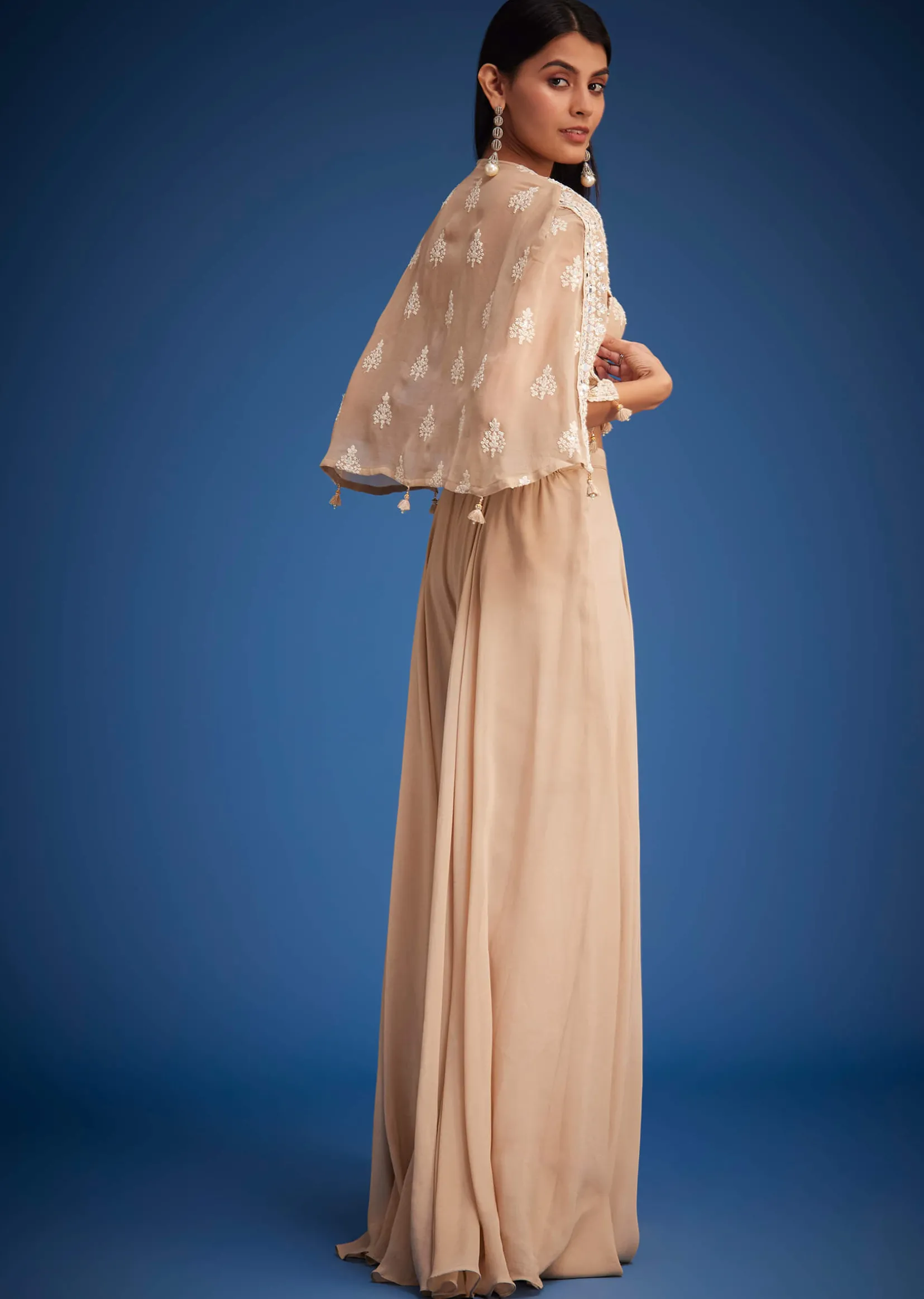 Beige Georgette Embroidered Cape Palazzo Set