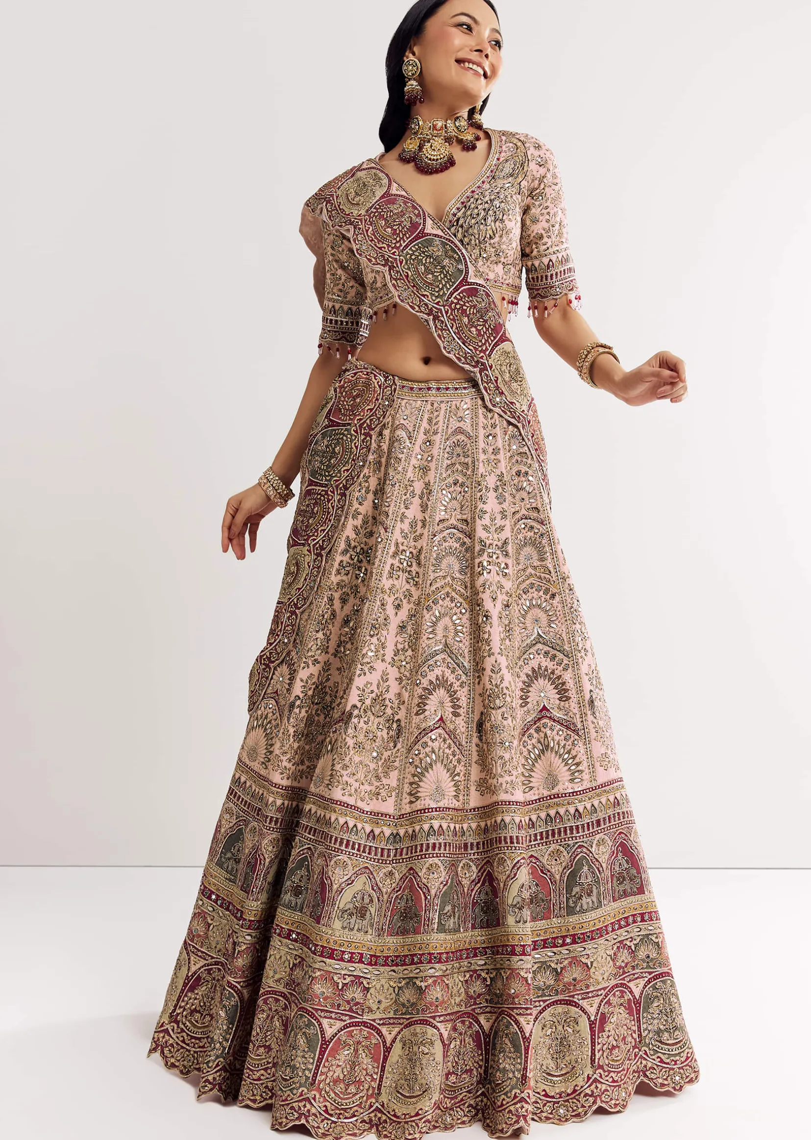 Beige Georgette Printed V Neckline Lehenga With Crepe Dupatta