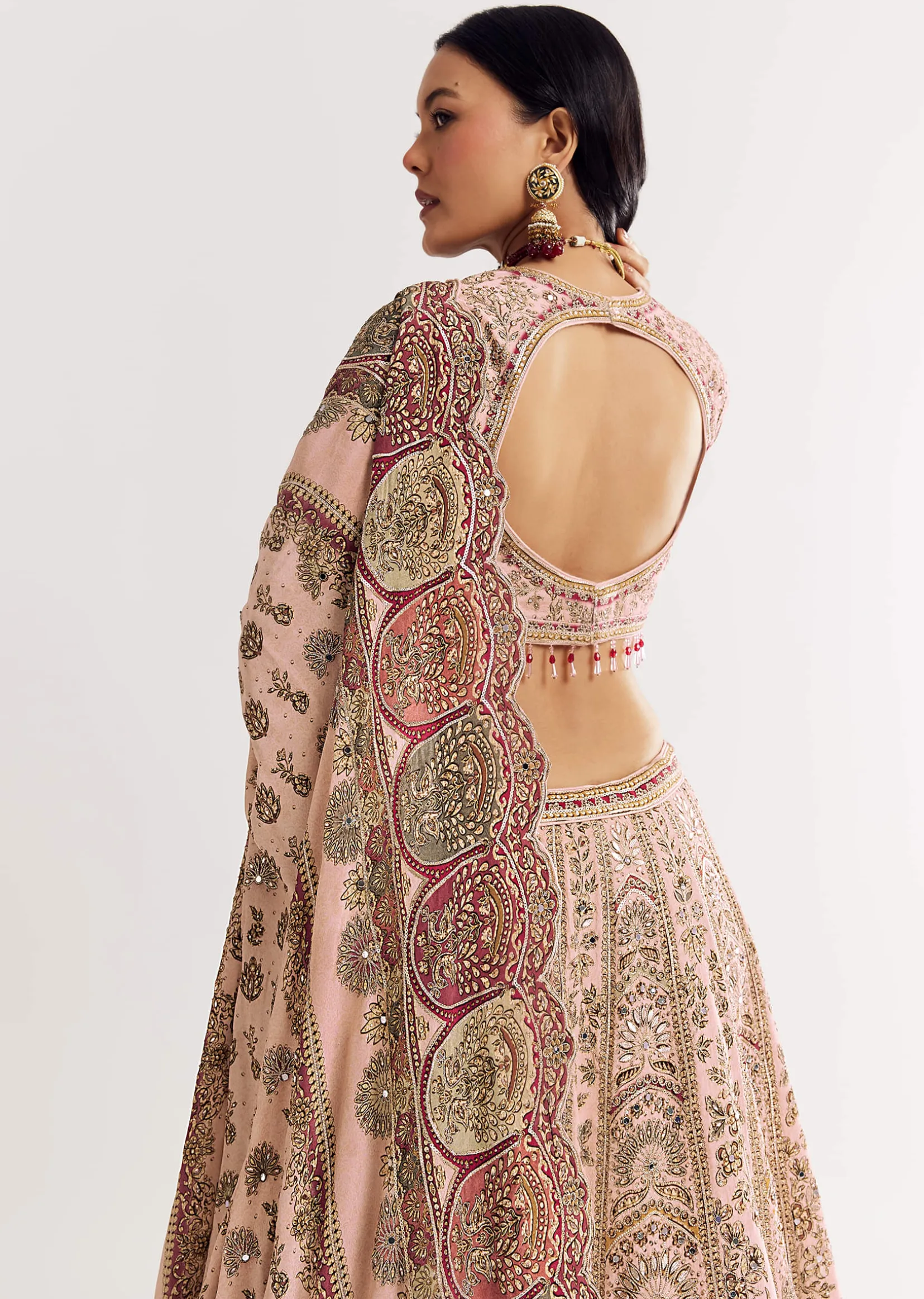 Beige Georgette Printed V Neckline Lehenga With Crepe Dupatta