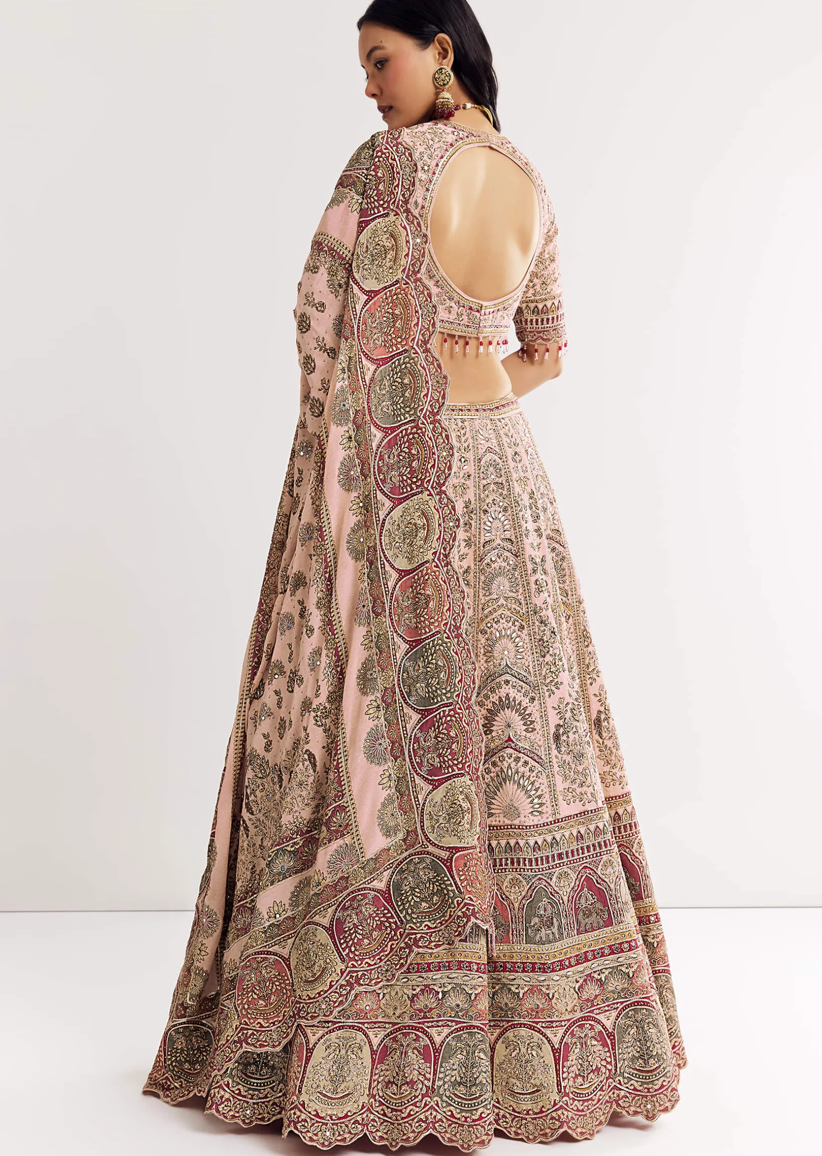 Beige Georgette Printed V Neckline Lehenga With Crepe Dupatta