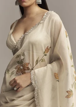 Beige Georgette Tissue Saree With Painted Florals And Sequin Embroidery