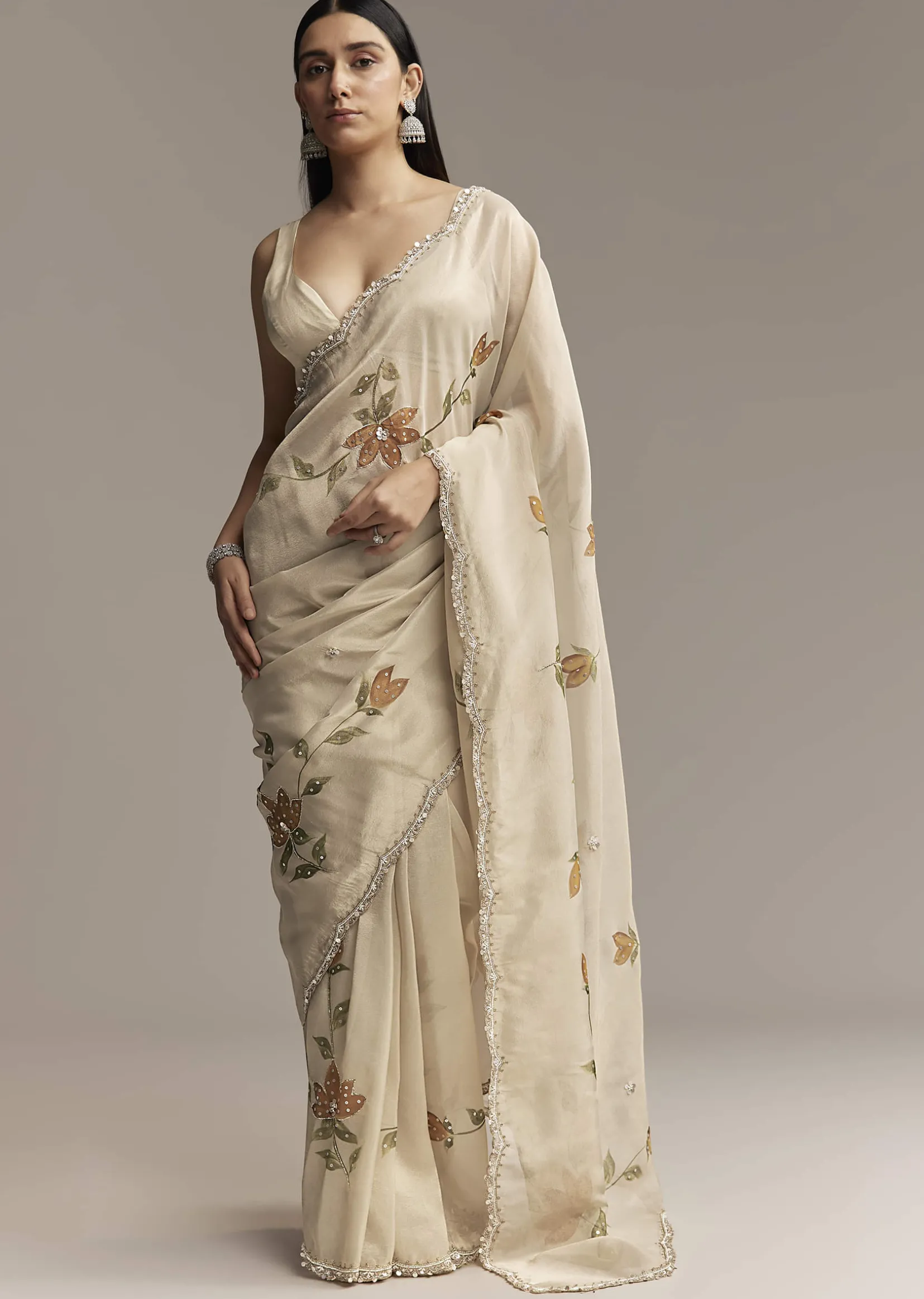 Beige Georgette Tissue Saree With Painted Florals And Sequin Embroidery