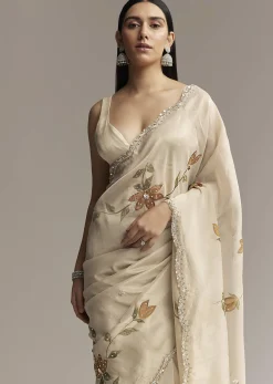Beige Georgette Tissue Saree With Painted Florals And Sequin Embroidery