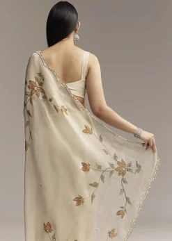 Beige Georgette Tissue Saree With Painted Florals And Sequin Embroidery