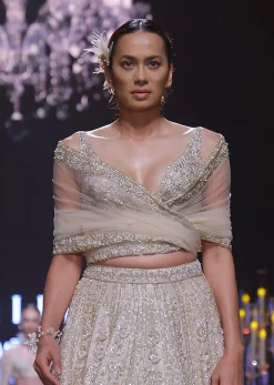 Beige Gold Bridal Lehenga Set In Raw Silk With Bead Embroidery