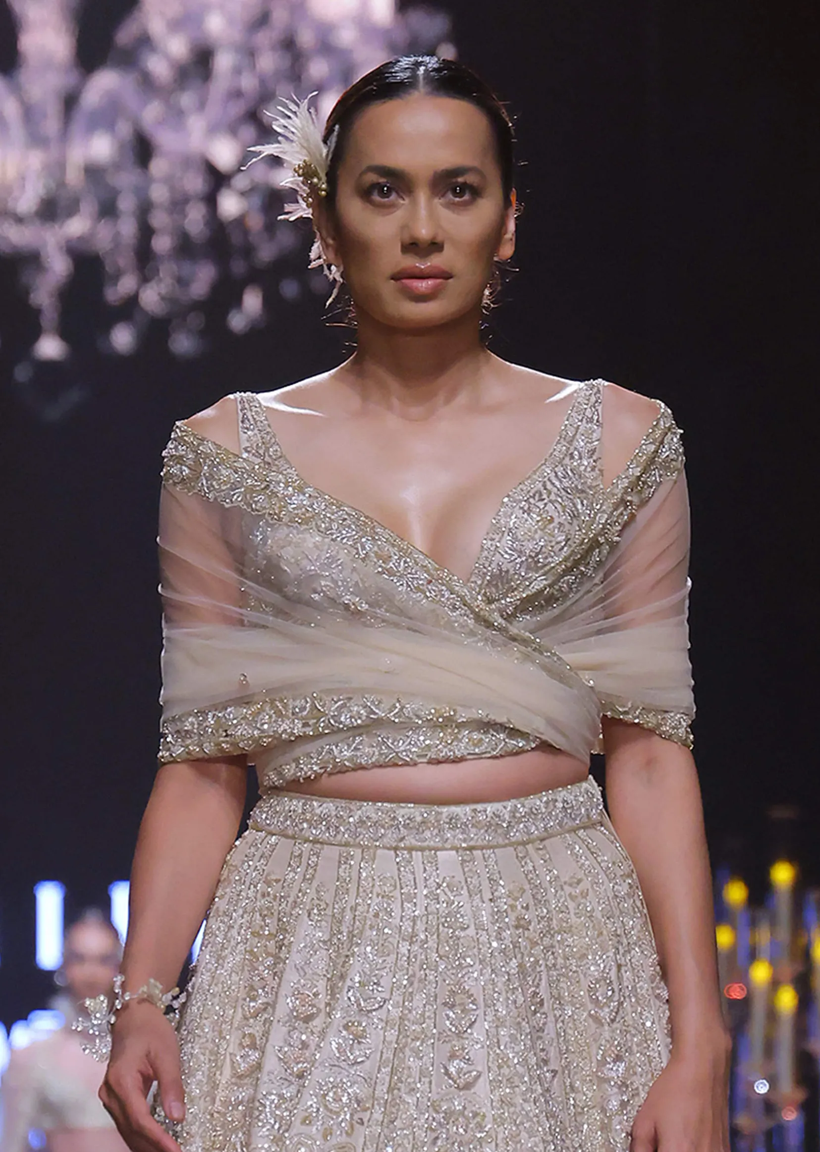 Beige Gold Bridal Lehenga Set In Raw Silk With Bead Embroidery
