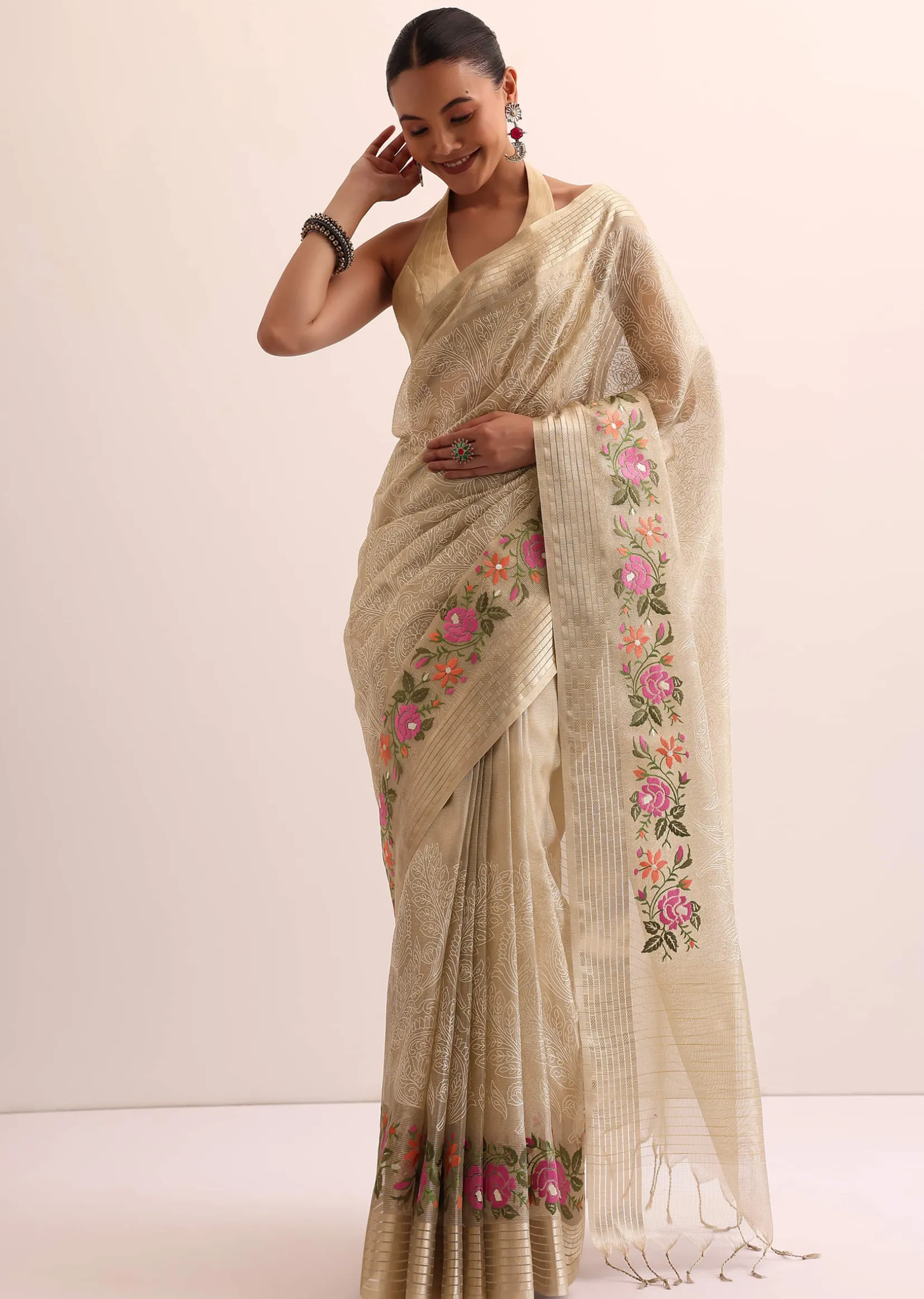 Beige Gold Chanderi Silk Saree With Thread Work And Unstitched Blouse