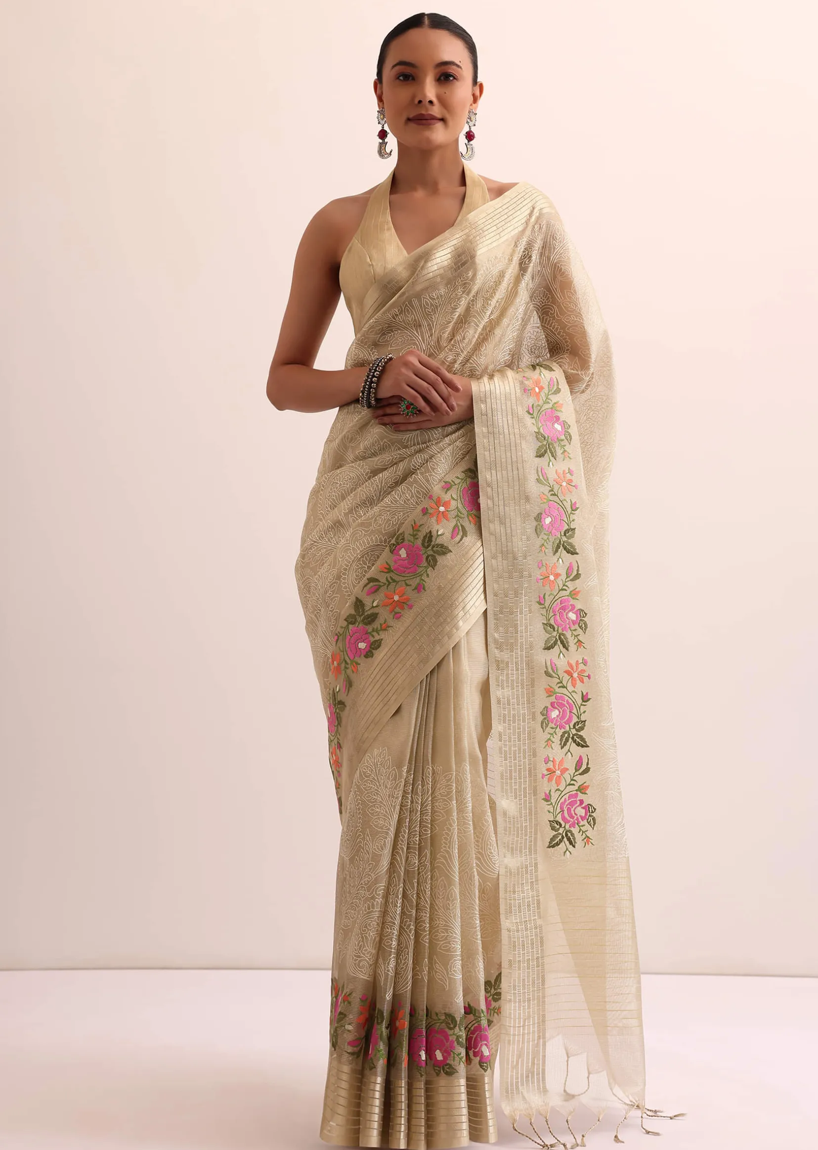 Beige Gold Chanderi Silk Saree With Thread Work And Unstitched Blouse