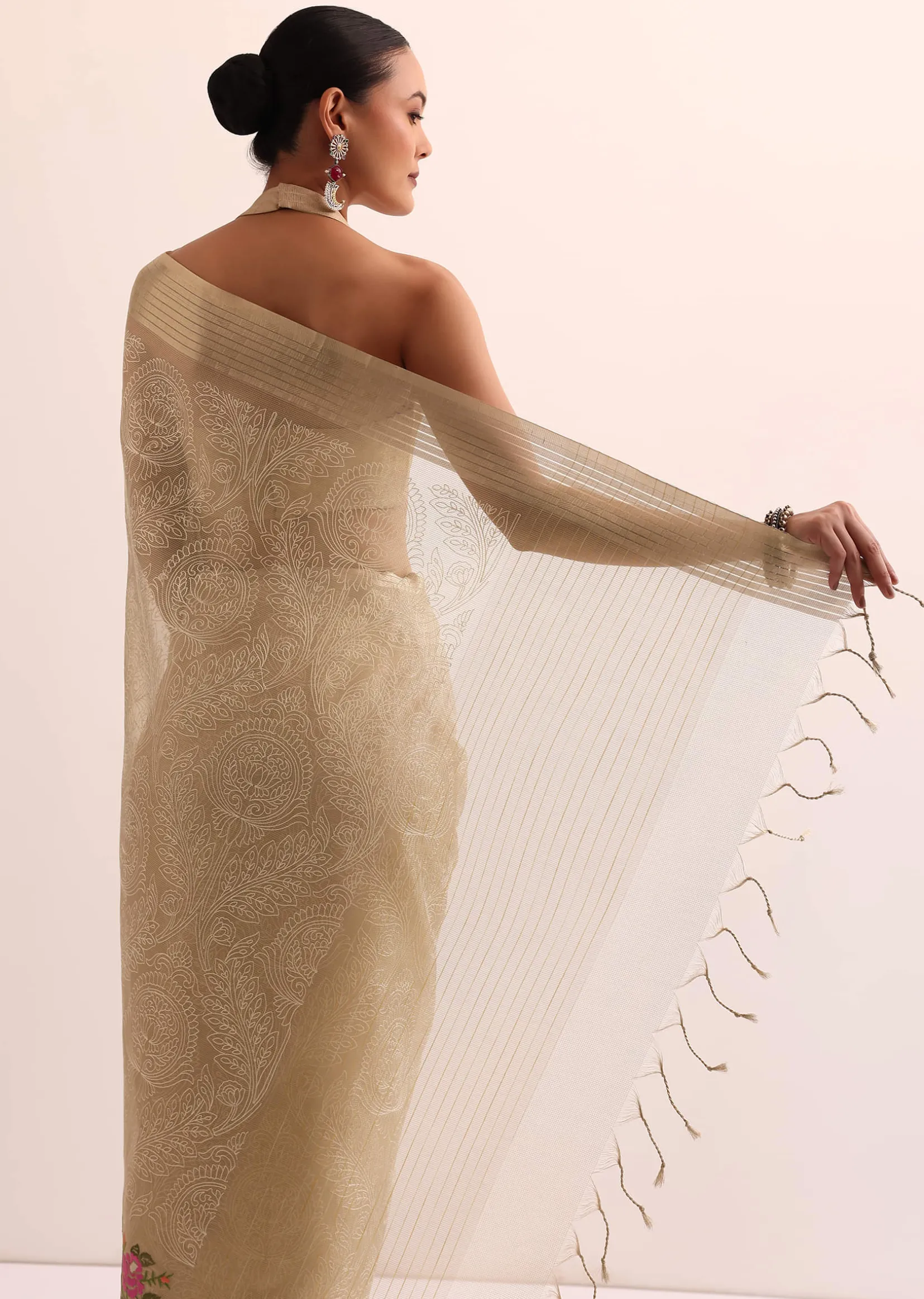 Beige Gold Chanderi Silk Saree With Thread Work And Unstitched Blouse