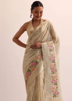 Beige Gold Chanderi Silk Saree With Thread Work And Unstitched Blouse