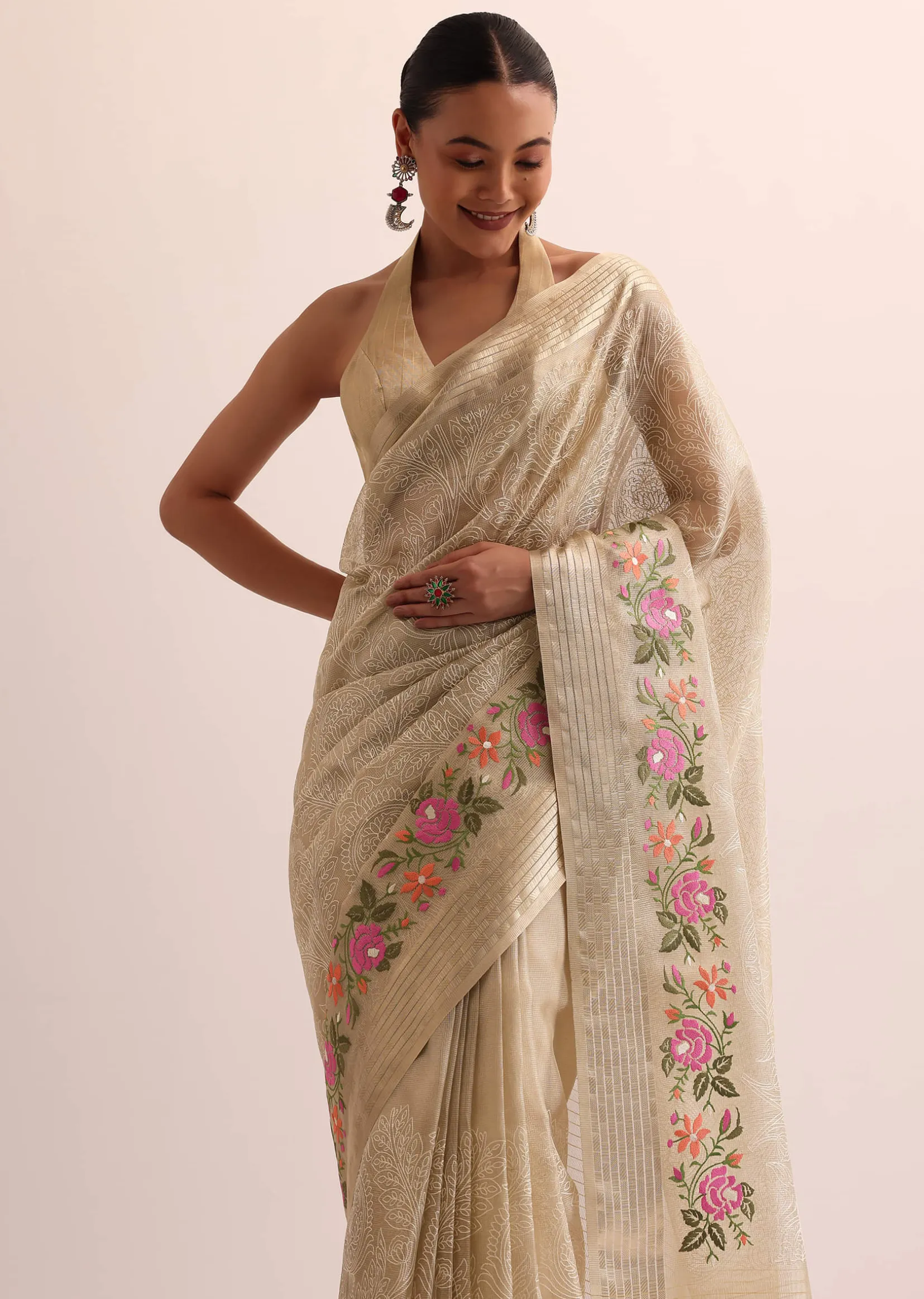 Beige Gold Chanderi Silk Saree With Thread Work And Unstitched Blouse