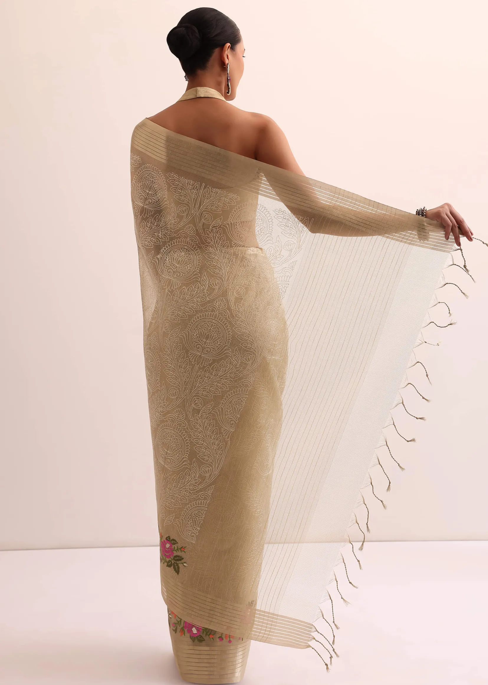 Beige Gold Chanderi Silk Saree With Thread Work And Unstitched Blouse