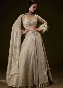 Beige Gold Crush Fabric Lehenga With Feather Sleeve Blouse